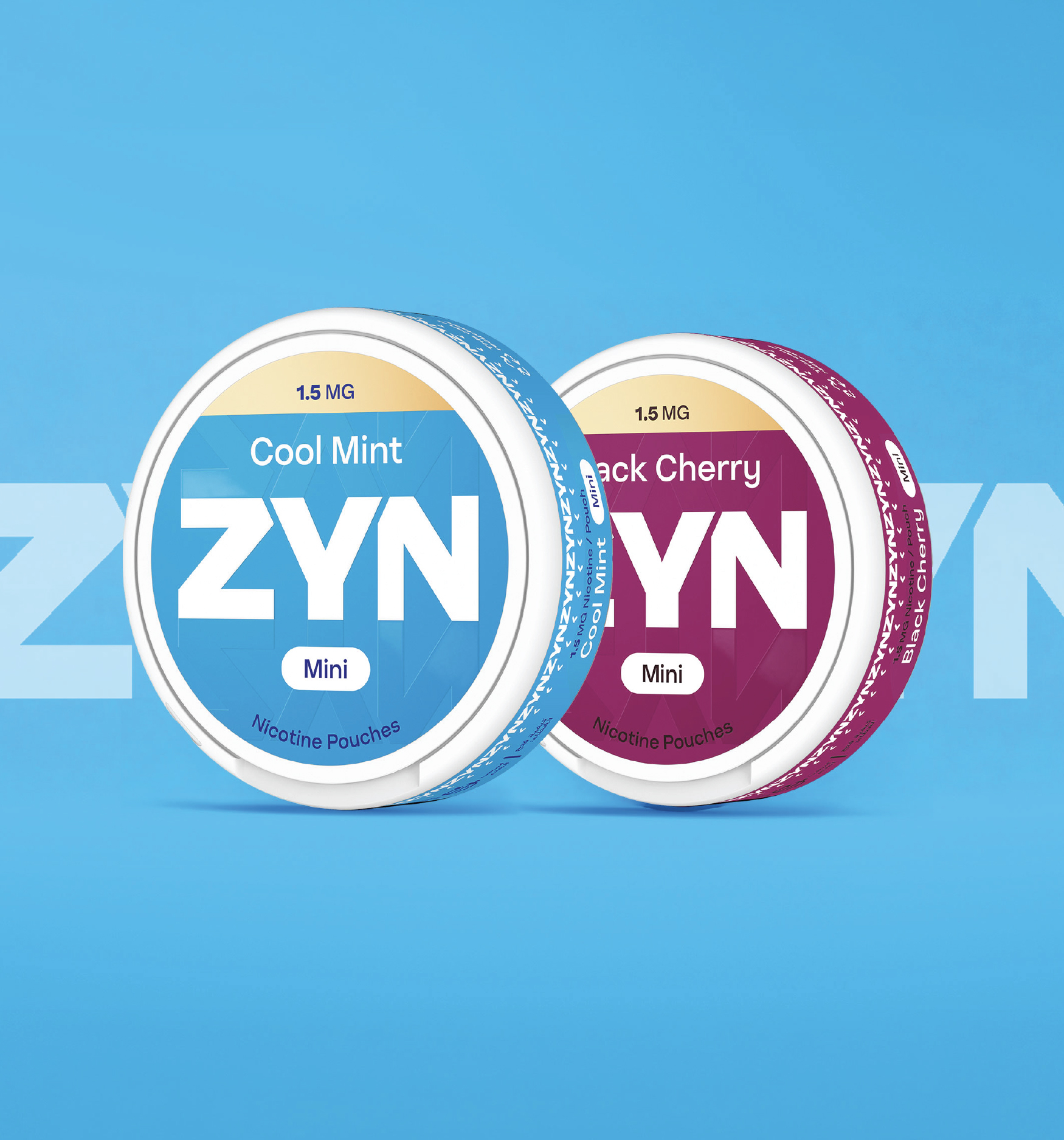 Cans of ZYN Mini nicotine pouches in X-Low in various flavours displayed on a blue background.